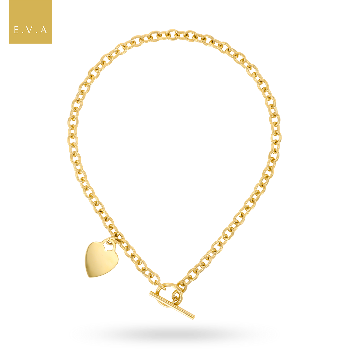 9ct Yellow Gold 17.5” Solid Oval Belcher Heart Tag T-Bar Necklace