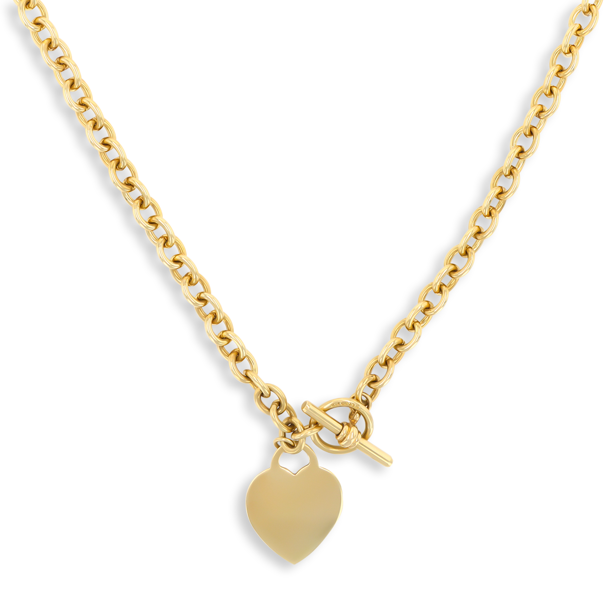 9ct Yellow Gold 18” Solid Oval Belcher Heart Tag T-Bar Necklace