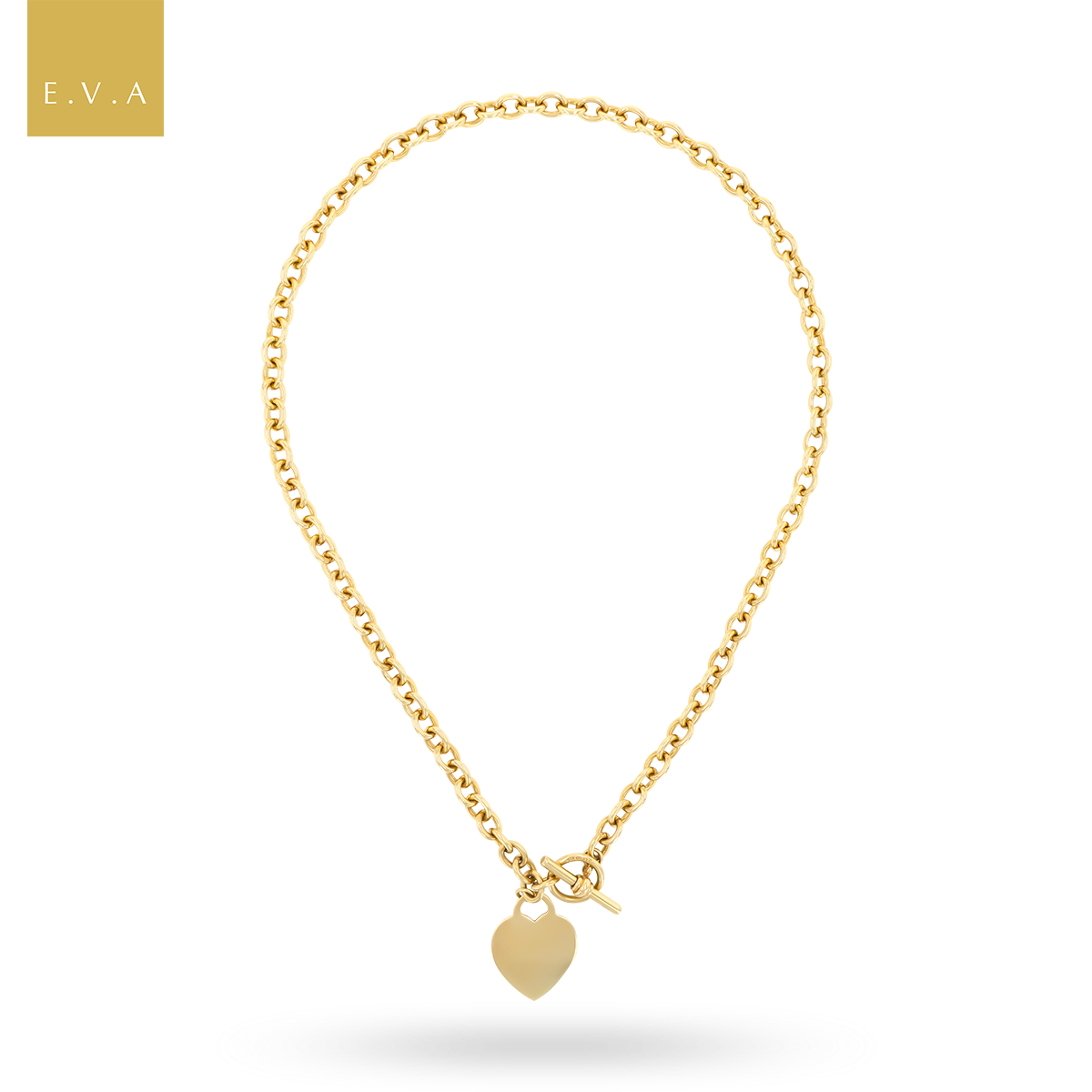 9ct Yellow Gold 18” Solid Oval Belcher Heart Tag T-Bar Necklace