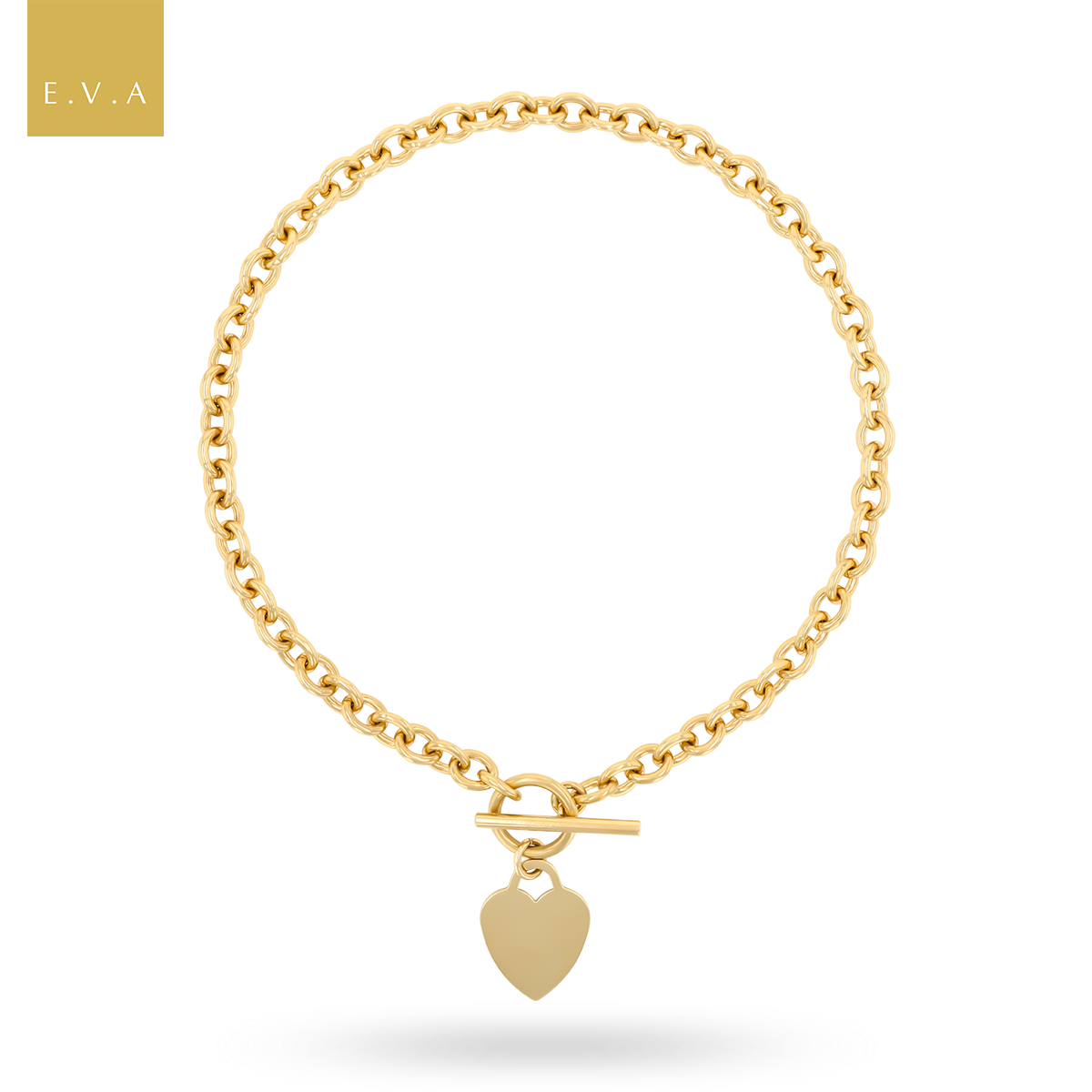 9ct Yellow Gold 15.5” Solid Oval Belcher Heart Tag T-Bar Necklace