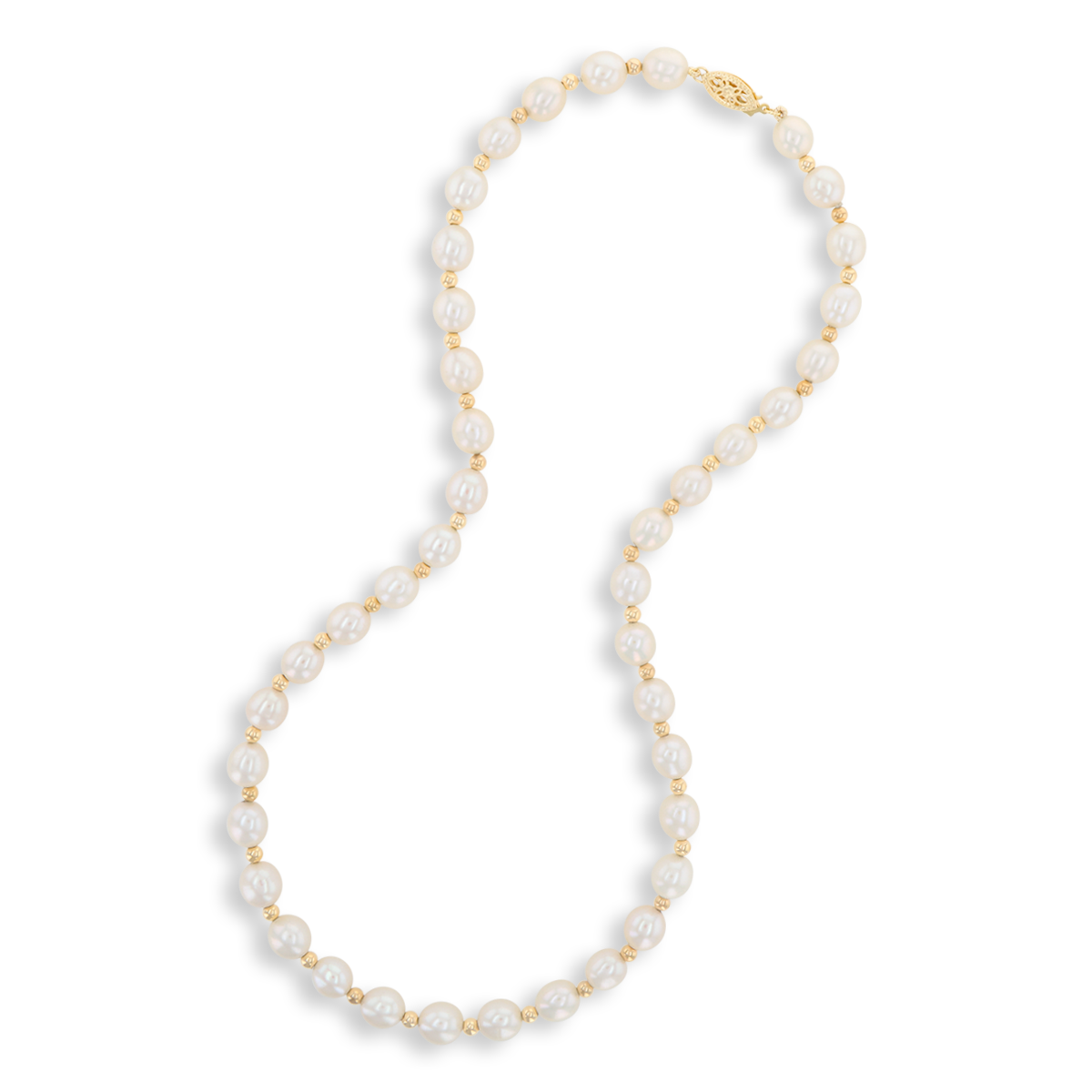 9ct Yellow Gold Beaded 17.5” White Cultured Freshwater Oval Shaped Pearl Necklace