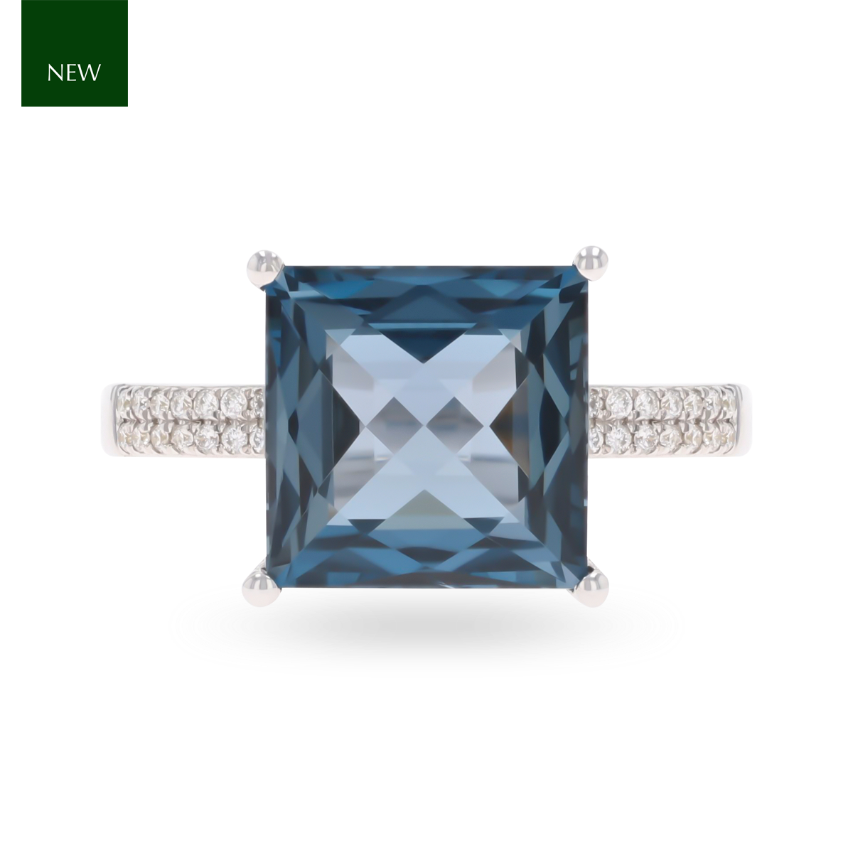 9ct White Gold Square Cut London Blue Topaz & Diamond Cocktail Ring