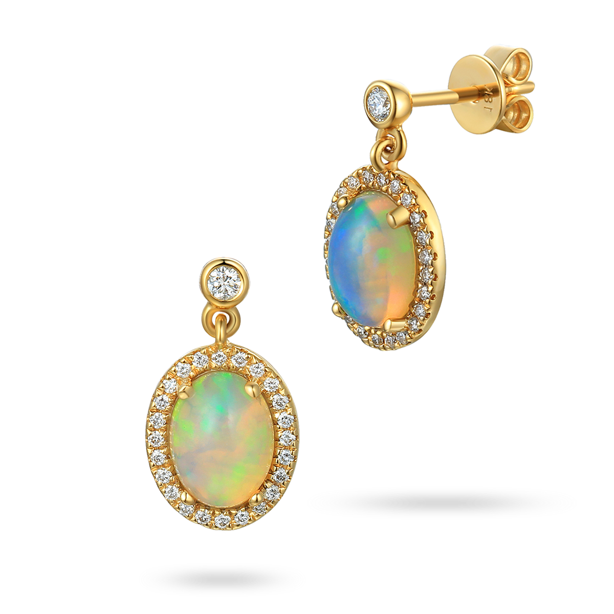 18ct Yellow Gold Oval Shaped Opal & Diamond Drop Earrings