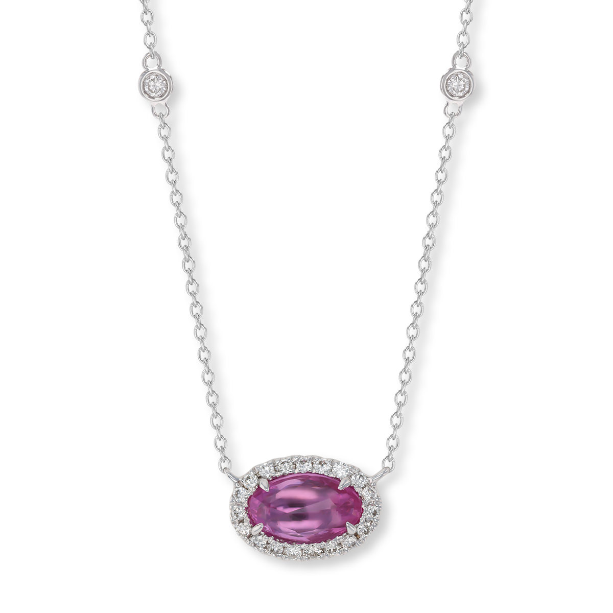 18ct White Gold Rose Cut Pink Sapphire & Diamond Halo Necklace