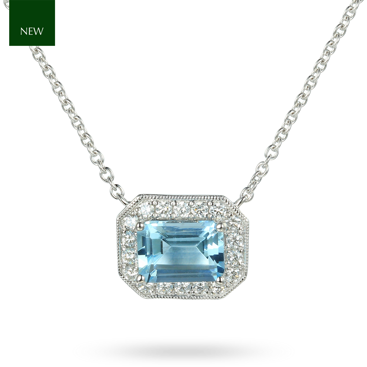 18ct White Gold Octagonal Shaped Aquamarine & Diamond Cluster Necklace