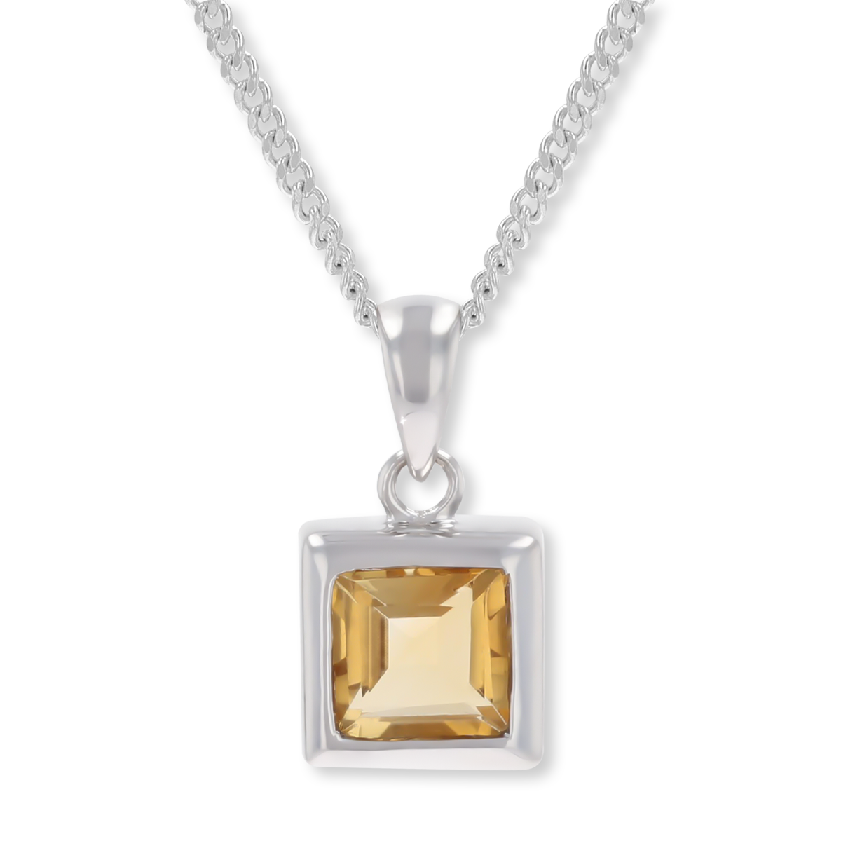 9ct White Gold Square Shaped Citrine Bezel Set Pendant & Chain