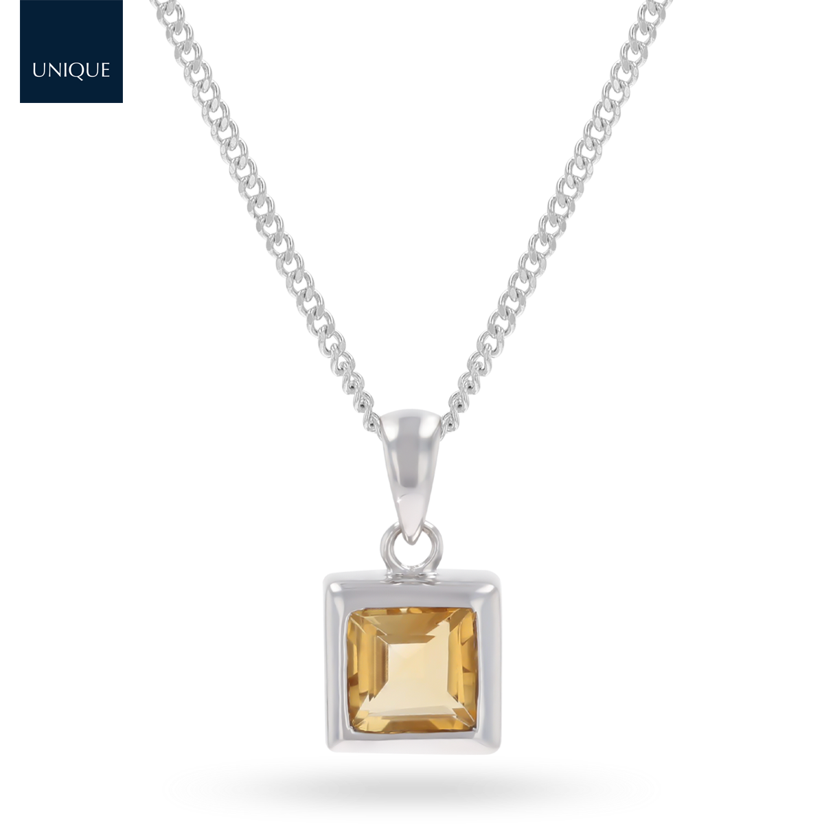 9ct White Gold Square Shaped Citrine Bezel Set Pendant & Chain