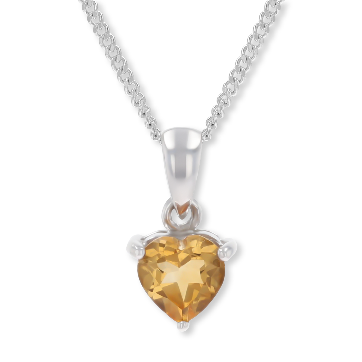 9ct White Gold Heart Shaped Citrine Claw Set Pendant & Chain