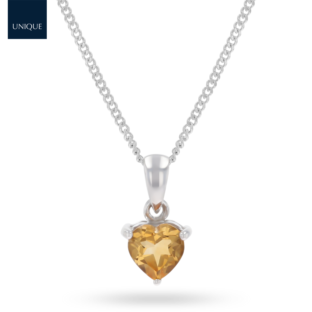 9ct White Gold Heart Shaped Citrine Claw Set Pendant & Chain