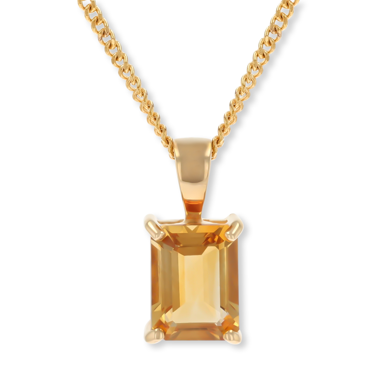 9ct Yellow Gold Emerald Cut Citrine Solitaire Pendant & Chain