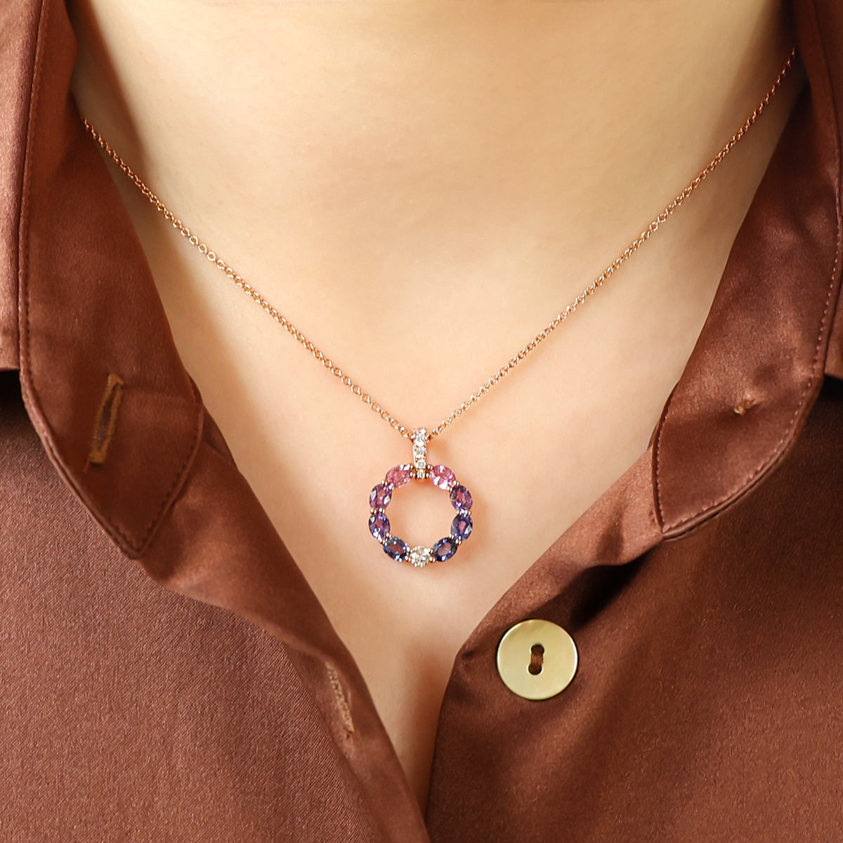 Model wears 18ct Rose Gold Fancy Sapphire & Diamond Circle Pendant & Chain