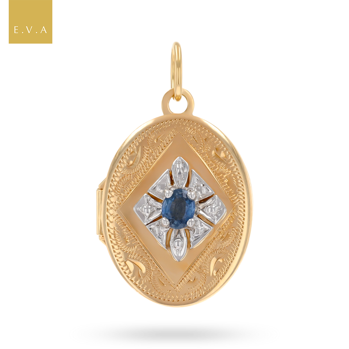 9ct Yellow Gold Sapphire Set Foliate Scroll Locket