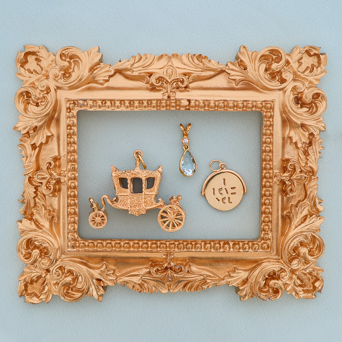 9ct Yellow Gold Royal Carriage Charm, 9ct Yellow Gold Pear Shaped Aquamarine & Diamond Pendant, 9ct Yellow Gold I Love You Spinner Pendant By Georg Jensen