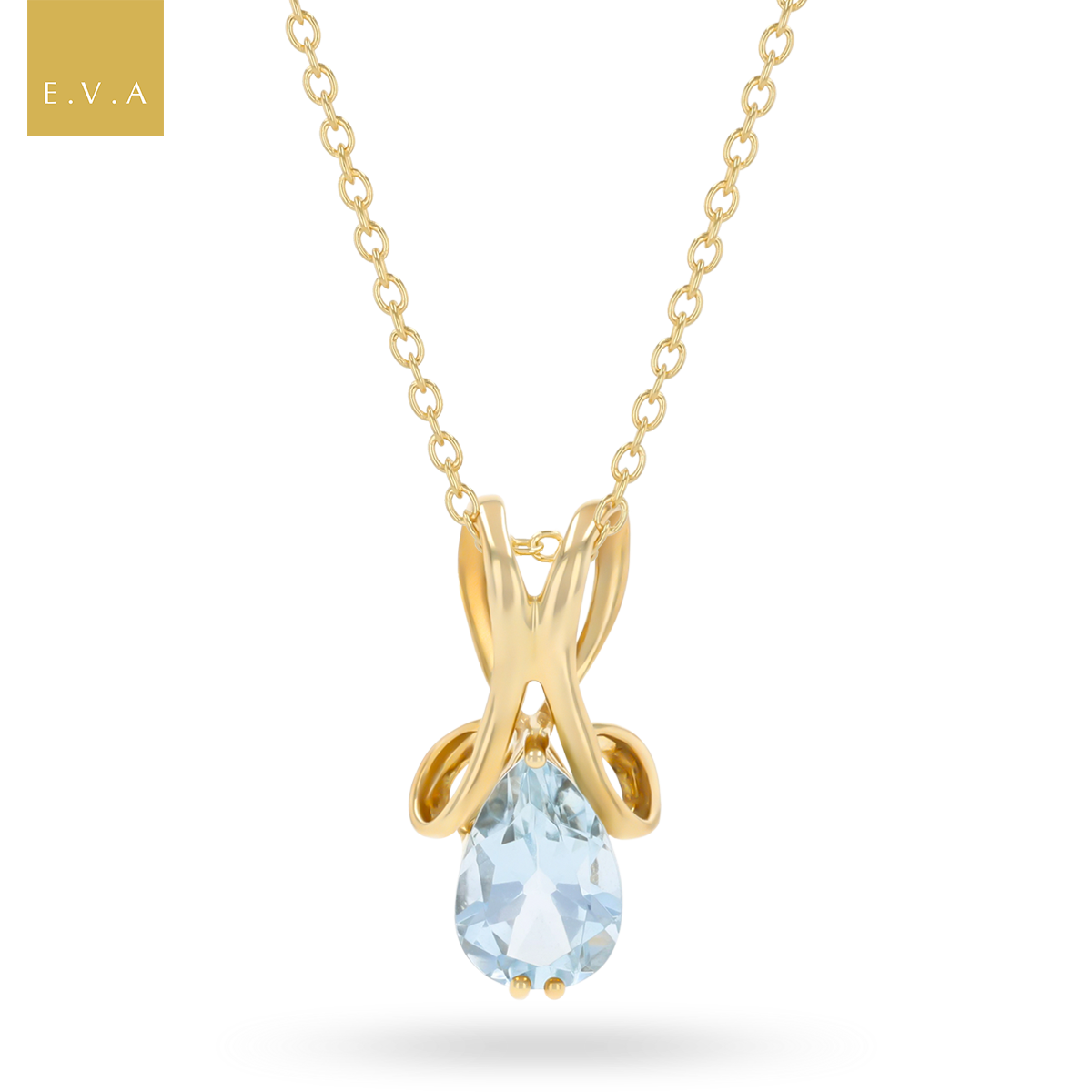 9ct Yellow Gold Pear Shaped Aquamarine Ribbon Pendant with Chain