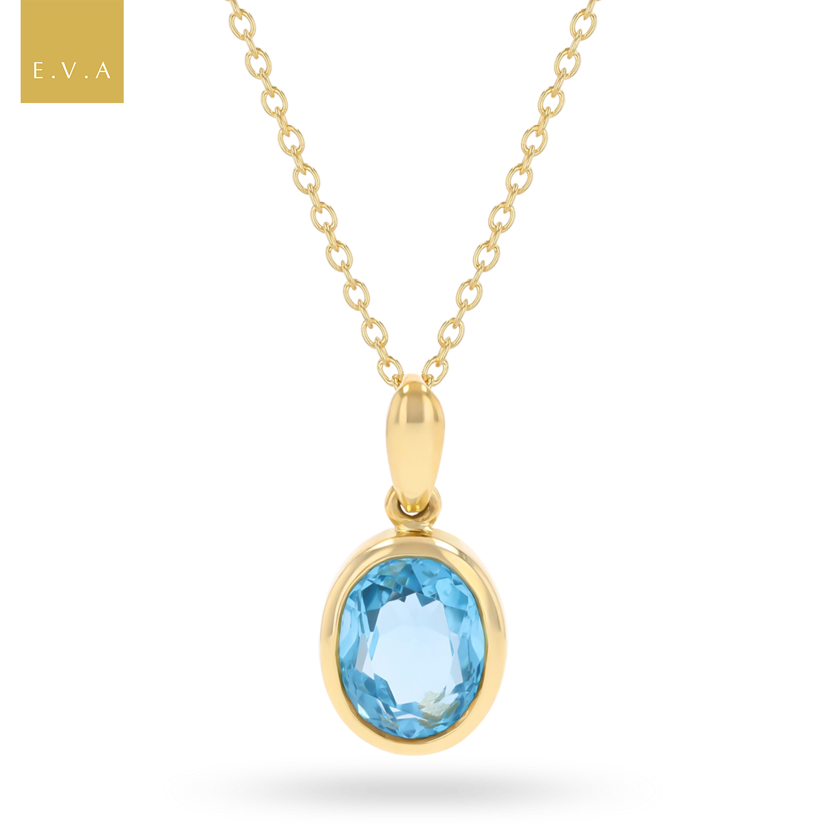 9ct Yellow Gold Oval Shaped Swiss Blue Topaz Bezel Set Pendant With Chain