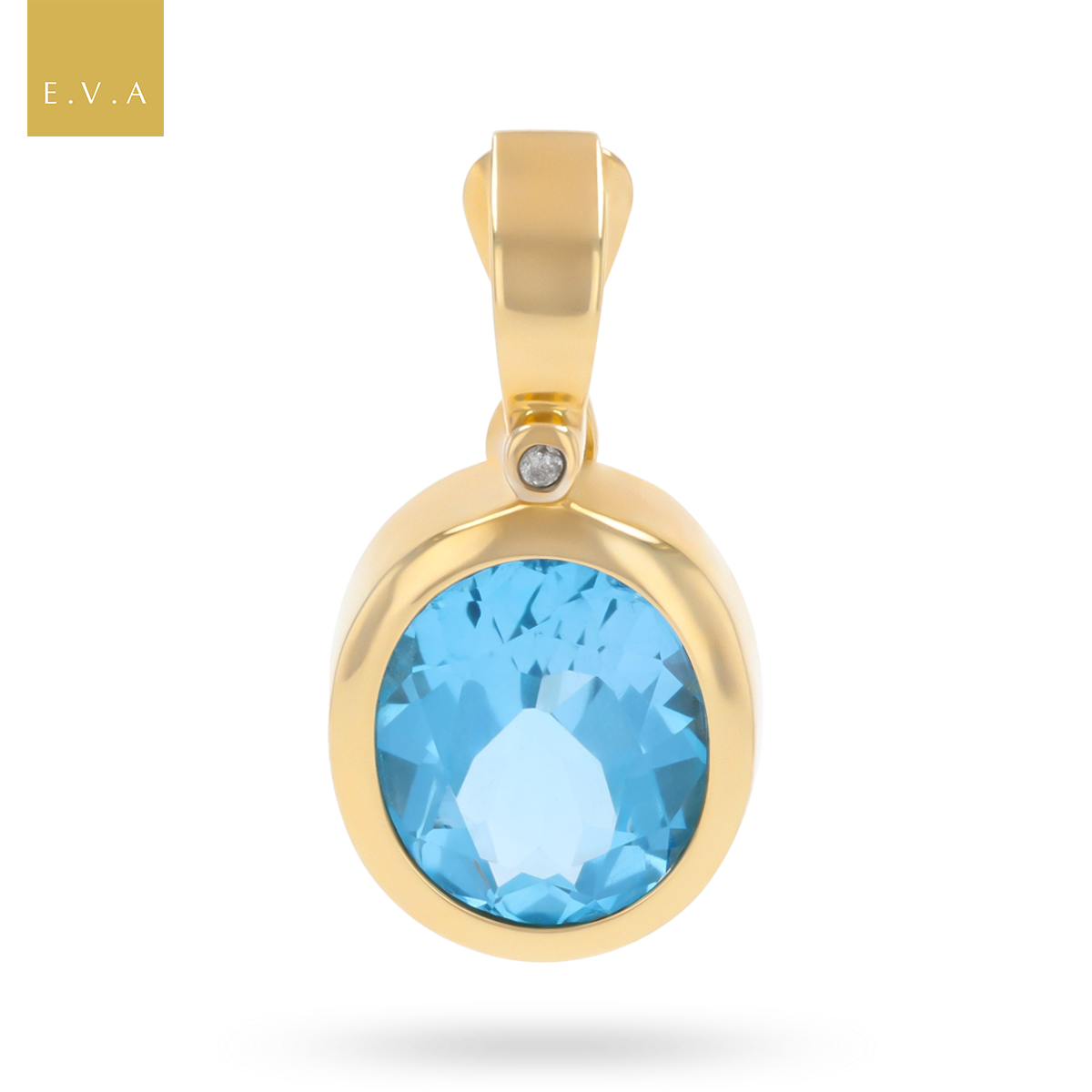9ct Yellow Gold Oval Shaped Swiss Blue Topaz & Diamond Bezel Set Pendant