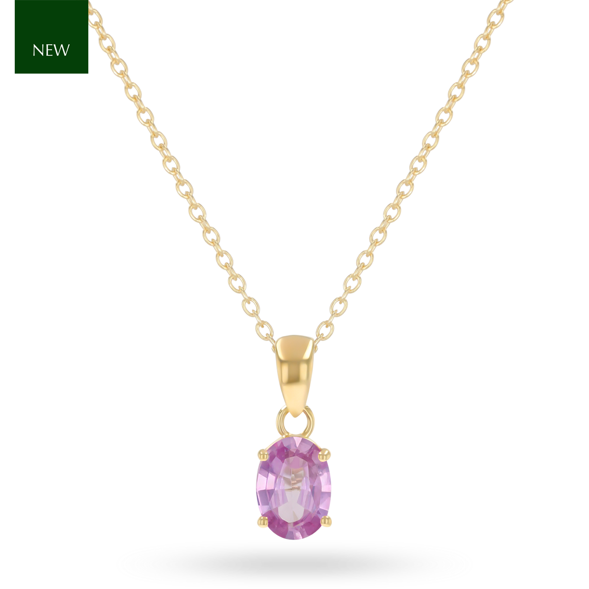 9ct Yellow Gold Oval Shaped Pink Sapphire Claw Set Pendant with Chain