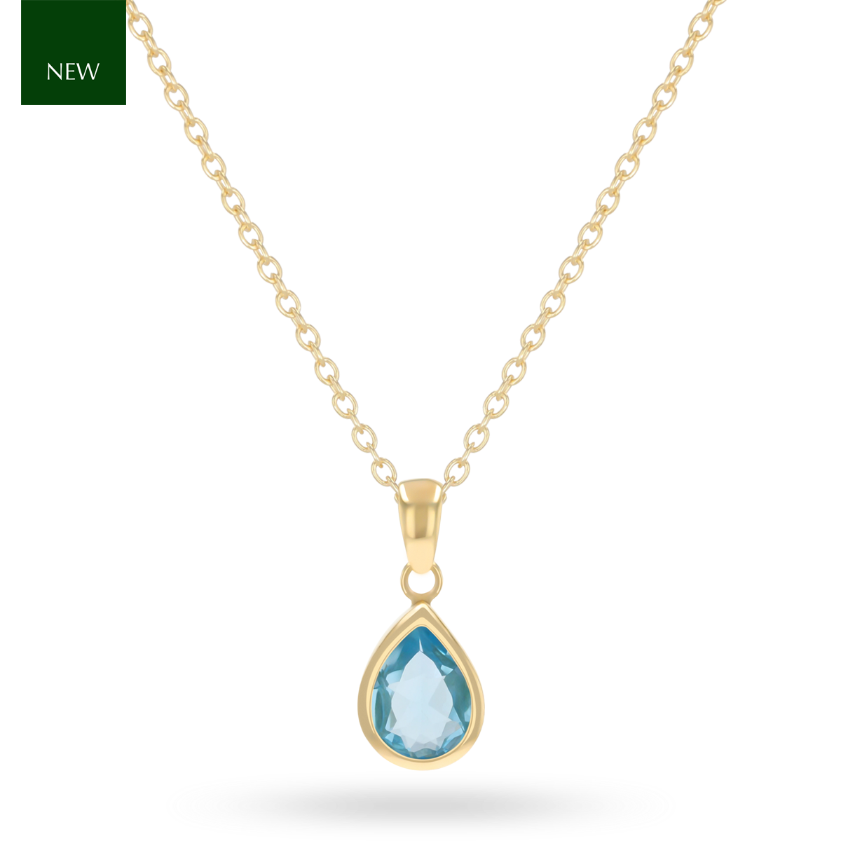 9ct Yellow Gold Pear Shaped Blue Topaz Bezel Set Pendant with Chain