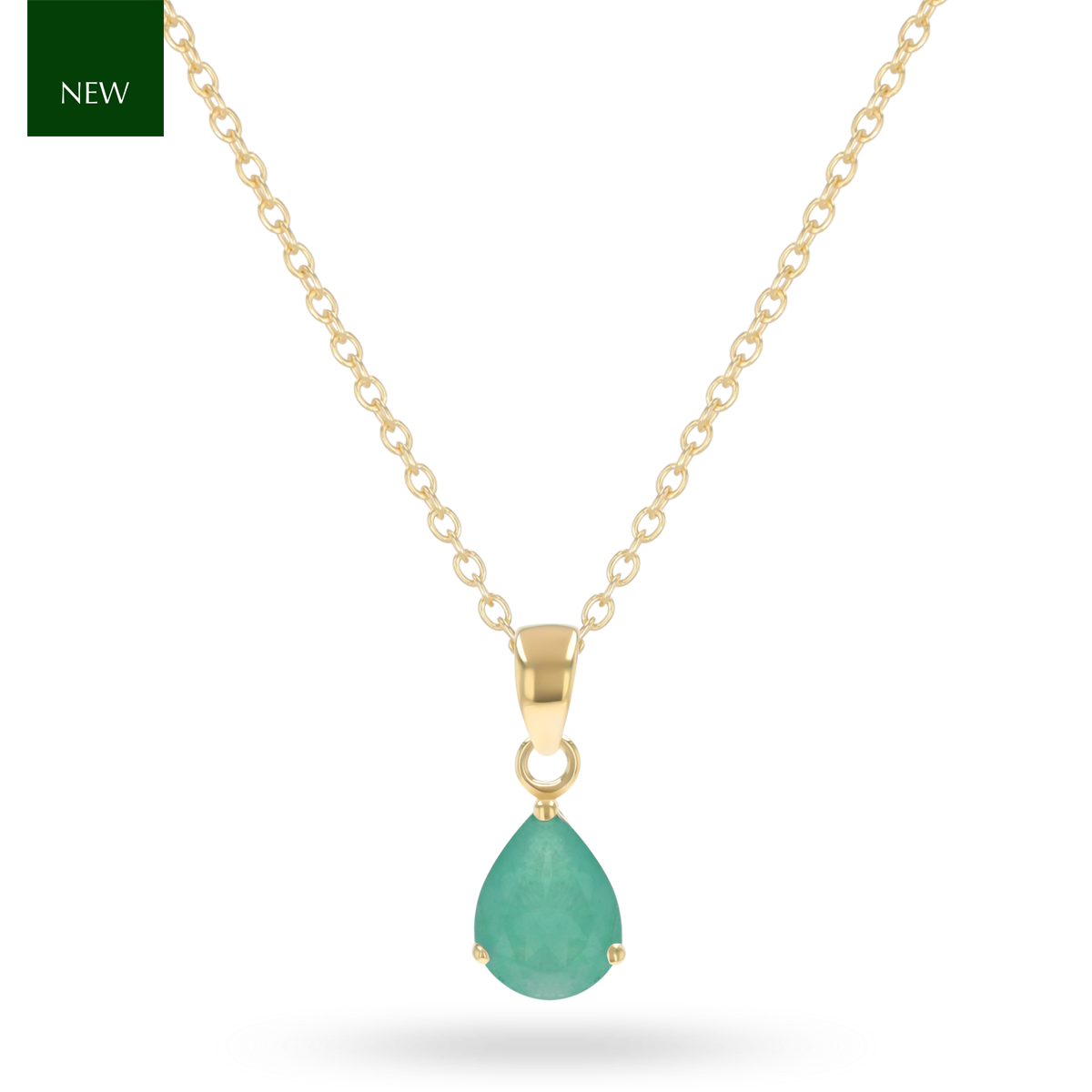 9ct Yellow Gold Pear Shaped Emerald Claw Set Pendant with Chain