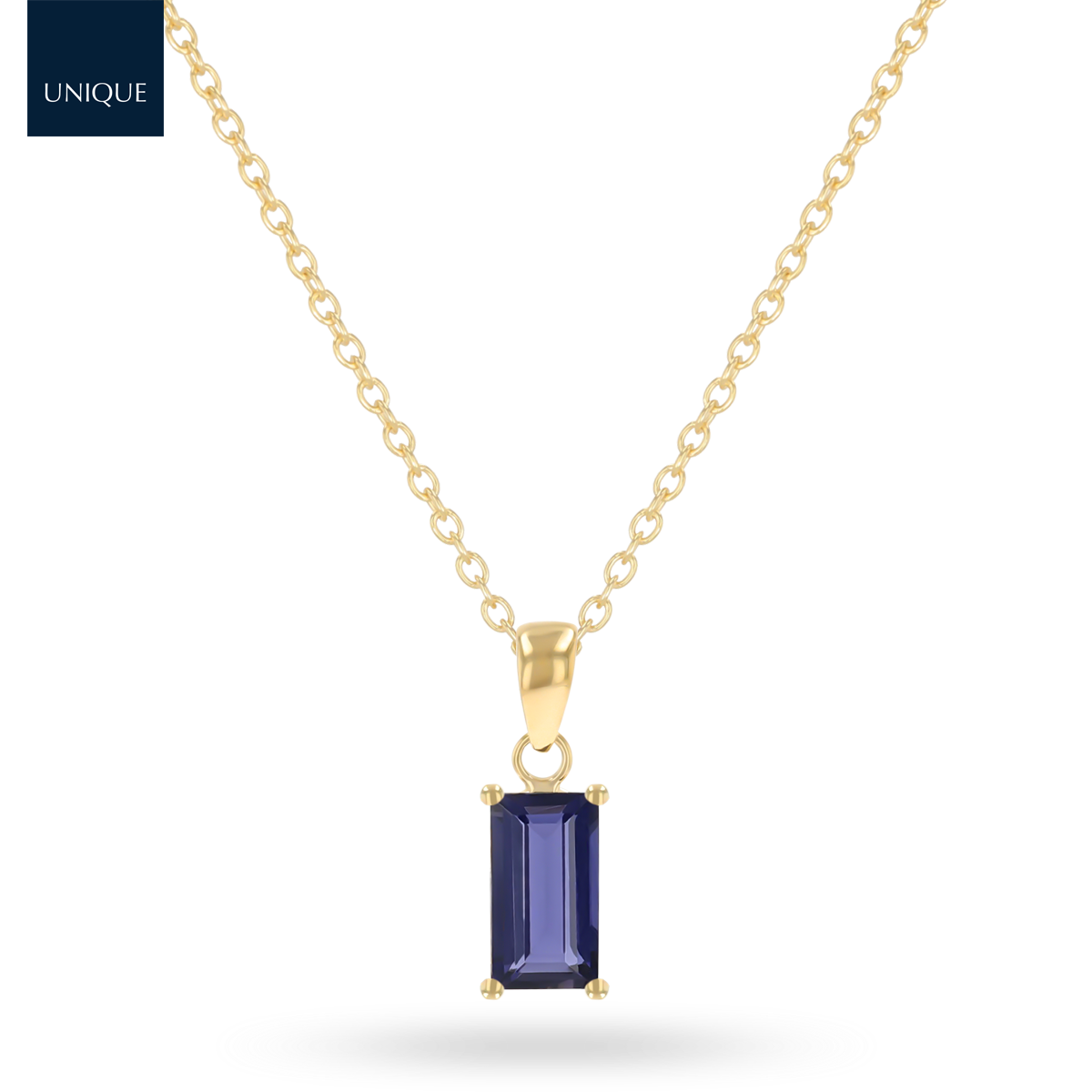 9ct Yellow Gold Baguette Cut Iolite Claw Set Pendant with Chain