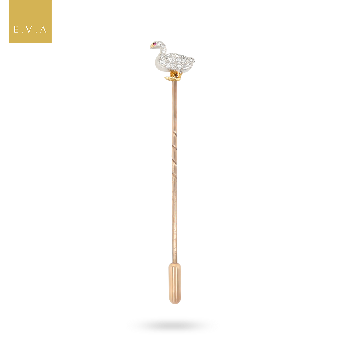 9ct Yellow Gold & Platinum Top Ruby & Diamond Duck Stick Pin