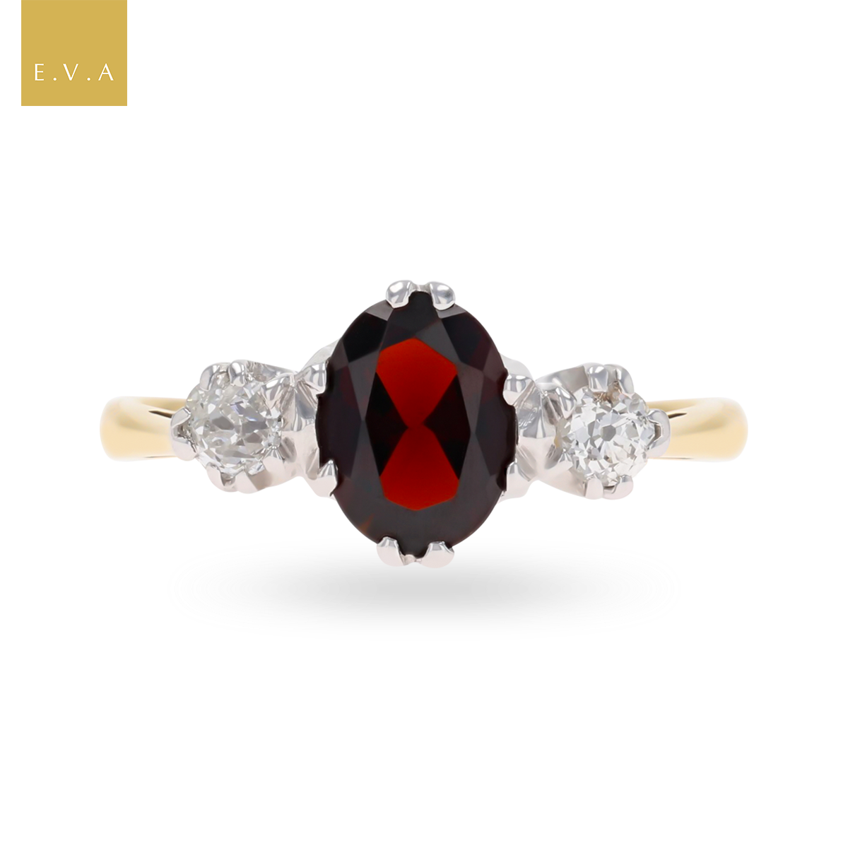 18ct Yellow Gold Garnet & Diamond Trilogy Ring