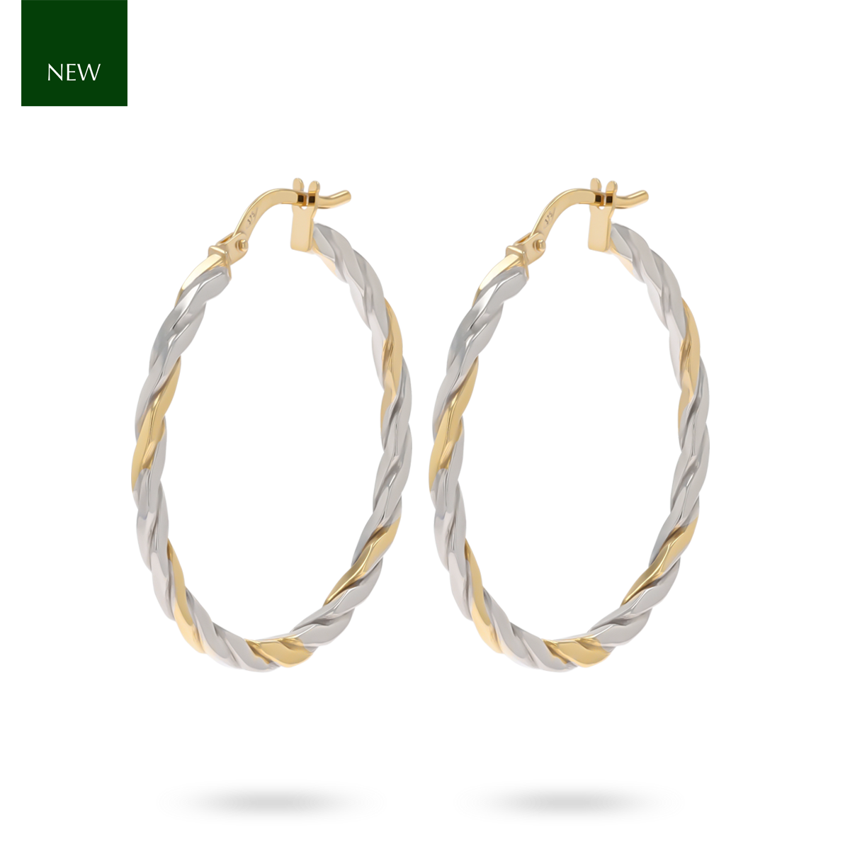 9ct Yellow & White Gold Square Twisted Round Hoop Earrings