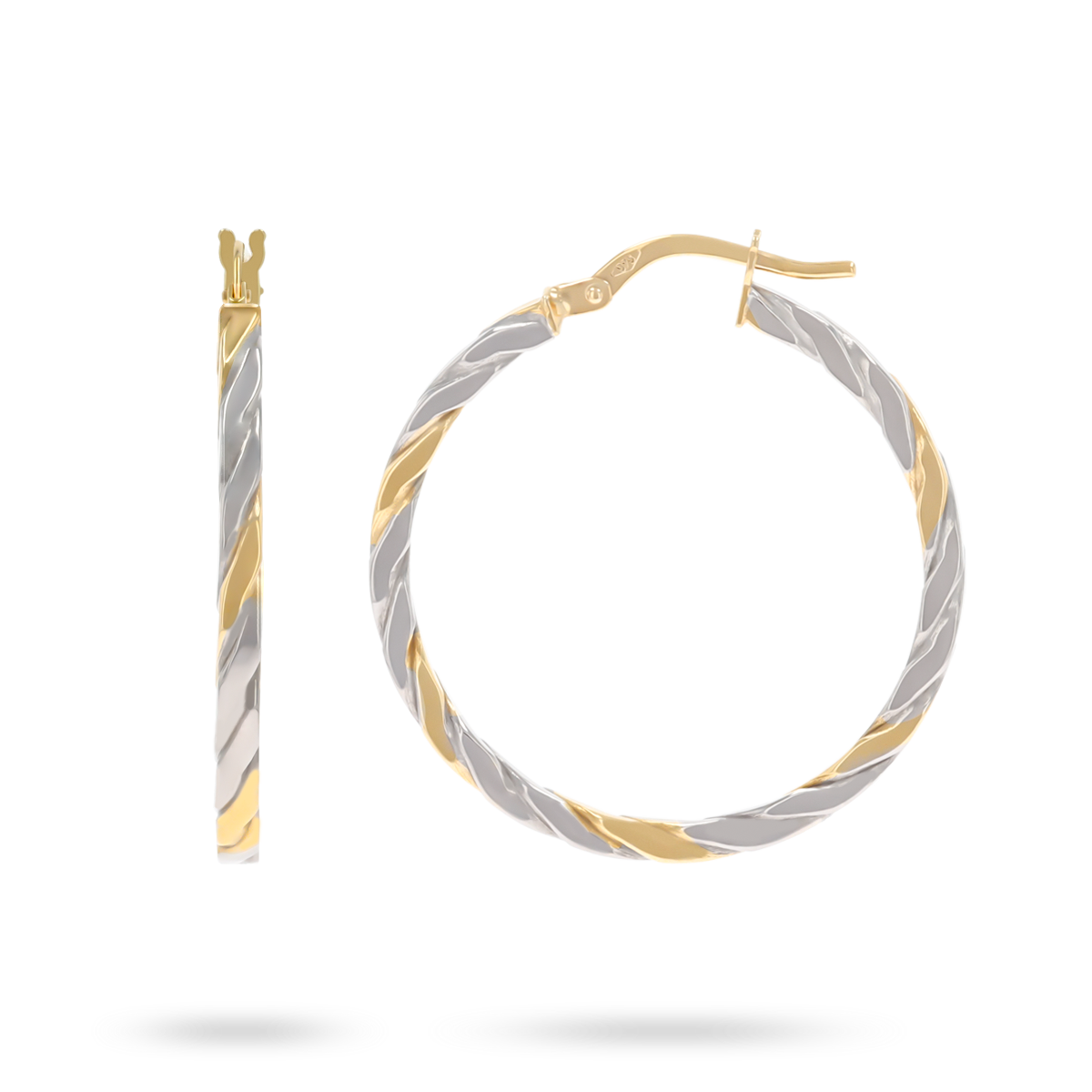 9ct Yellow & White Gold Square Twisted Round Hoop Earrings