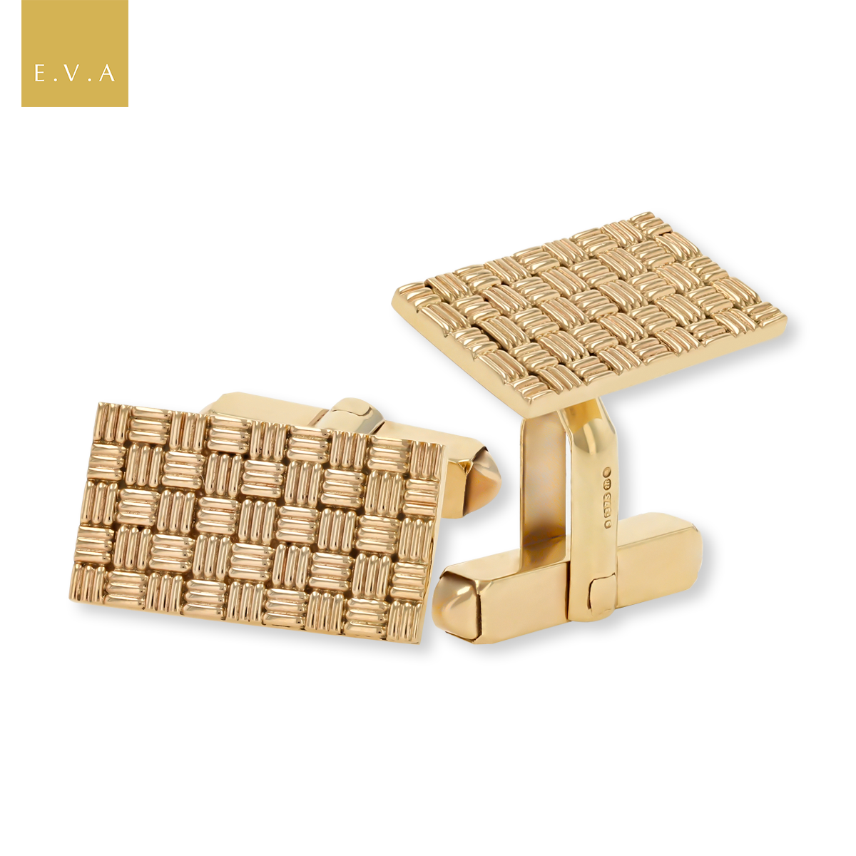9ct Yellow Gold Checkered Basketweave Rectangle Cufflinks