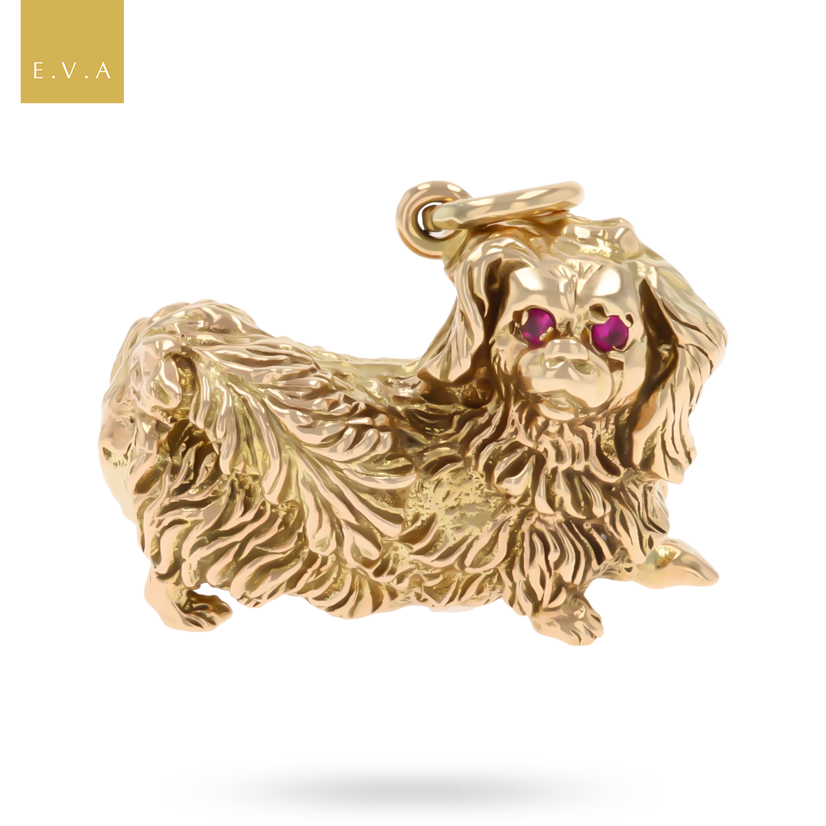 9ct Yellow Gold Pekingese Dog With Ruby Eyes Charm