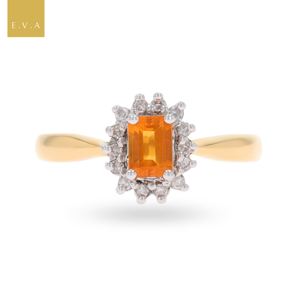 9ct Yellow Gold Emerald Cut Fire Opal & Diamond Cluster Ring