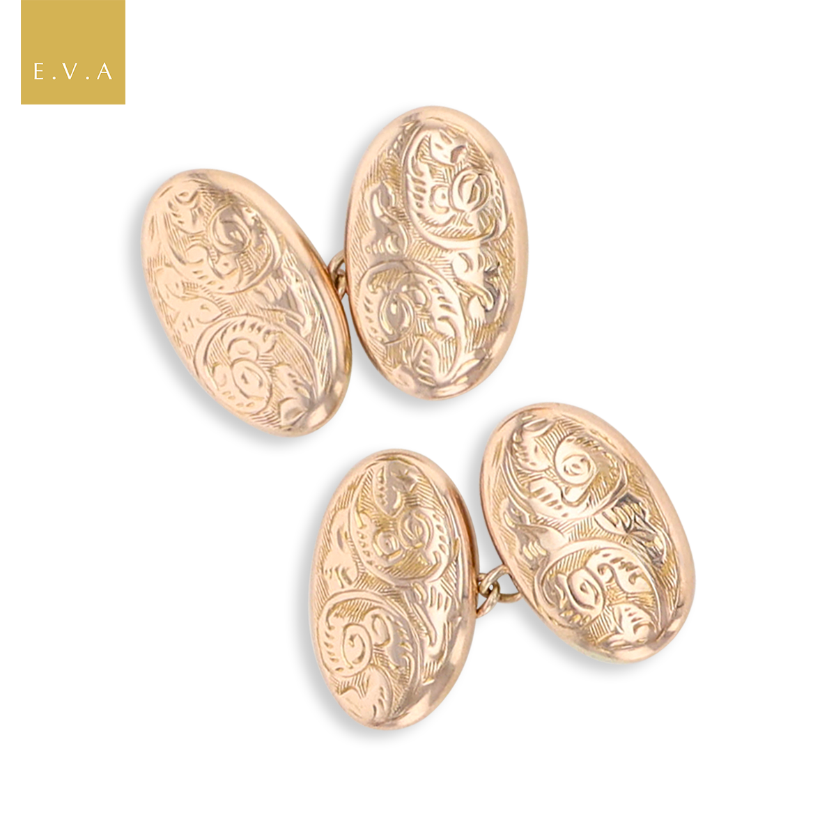 9ct Rose Gold Engraved Foliate Scroll Oval Edwardian Cufflinks
