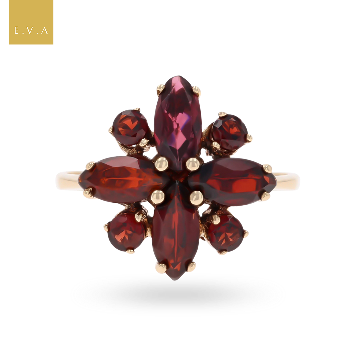 9ct Yellow Gold Marquise & Round Cut Garnet Cluster Ring