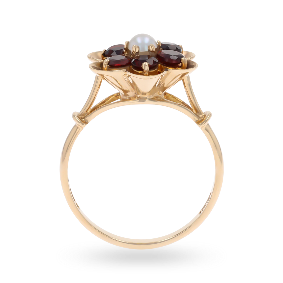 9ct Yellow Gold Cultured Pearl & Garnet Flower Cluster Ring