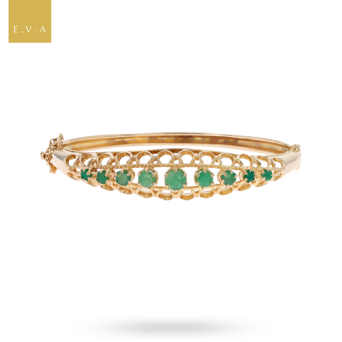 9ct Yellow Gold Graduated Emerald Claw Set Hinged Bangle