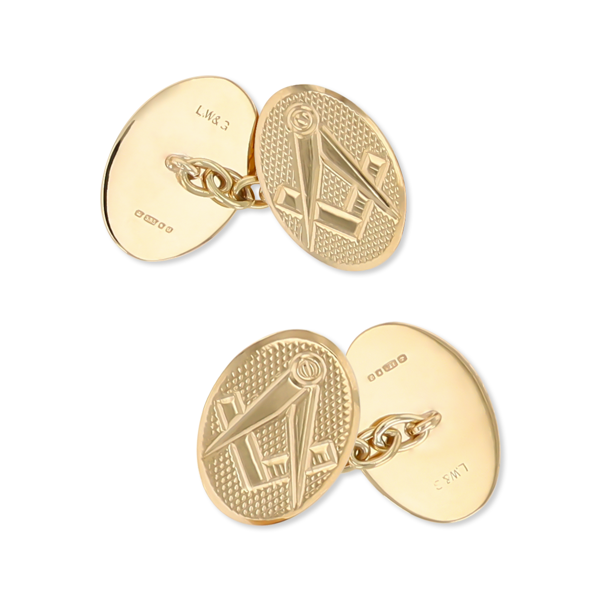 9ct Yellow Gold Engine Turned Masonic Oval Cufflinks