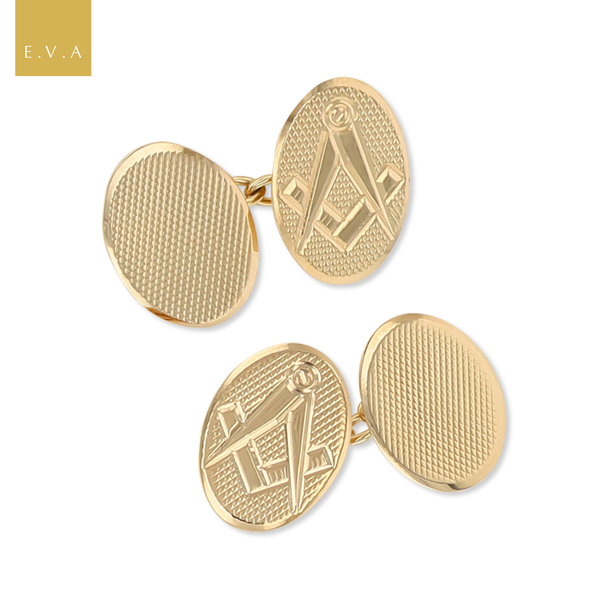 9ct Yellow Gold Engine Turned Masonic Oval Cufflinks