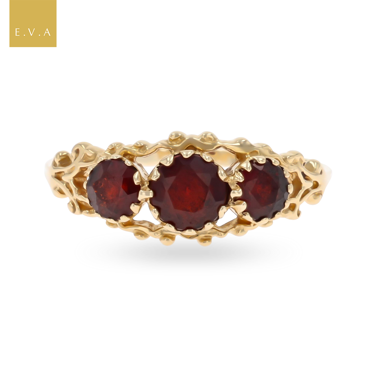 9ct Yellow Gold Garnet Trilogy Filigree Ring