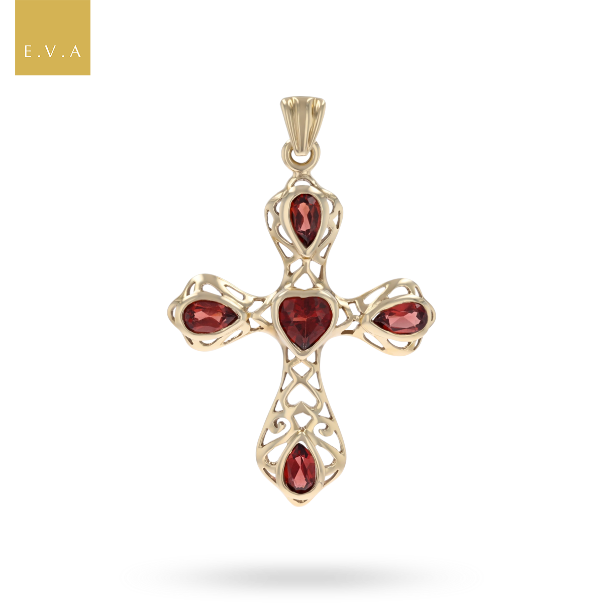 9ct Yellow Gold Ornate Garnet Set Cross Pendant