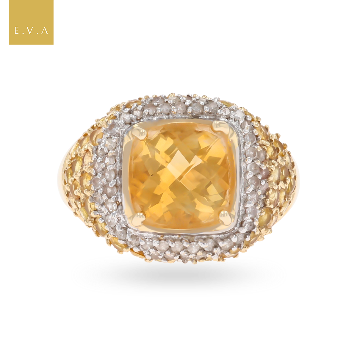 14ct Yellow Gold Citrine & Diamond Bombé Ring