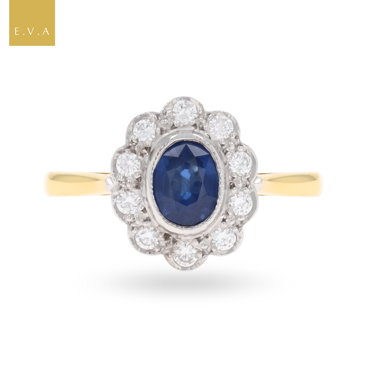 18ct Yellow Gold Oval Shaped Sapphire & Diamond Cluster Ring