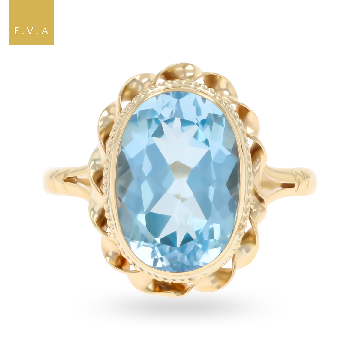 9ct Yellow Gold Oval Cut Blue Topaz Rope Edge Cocktail Ring
