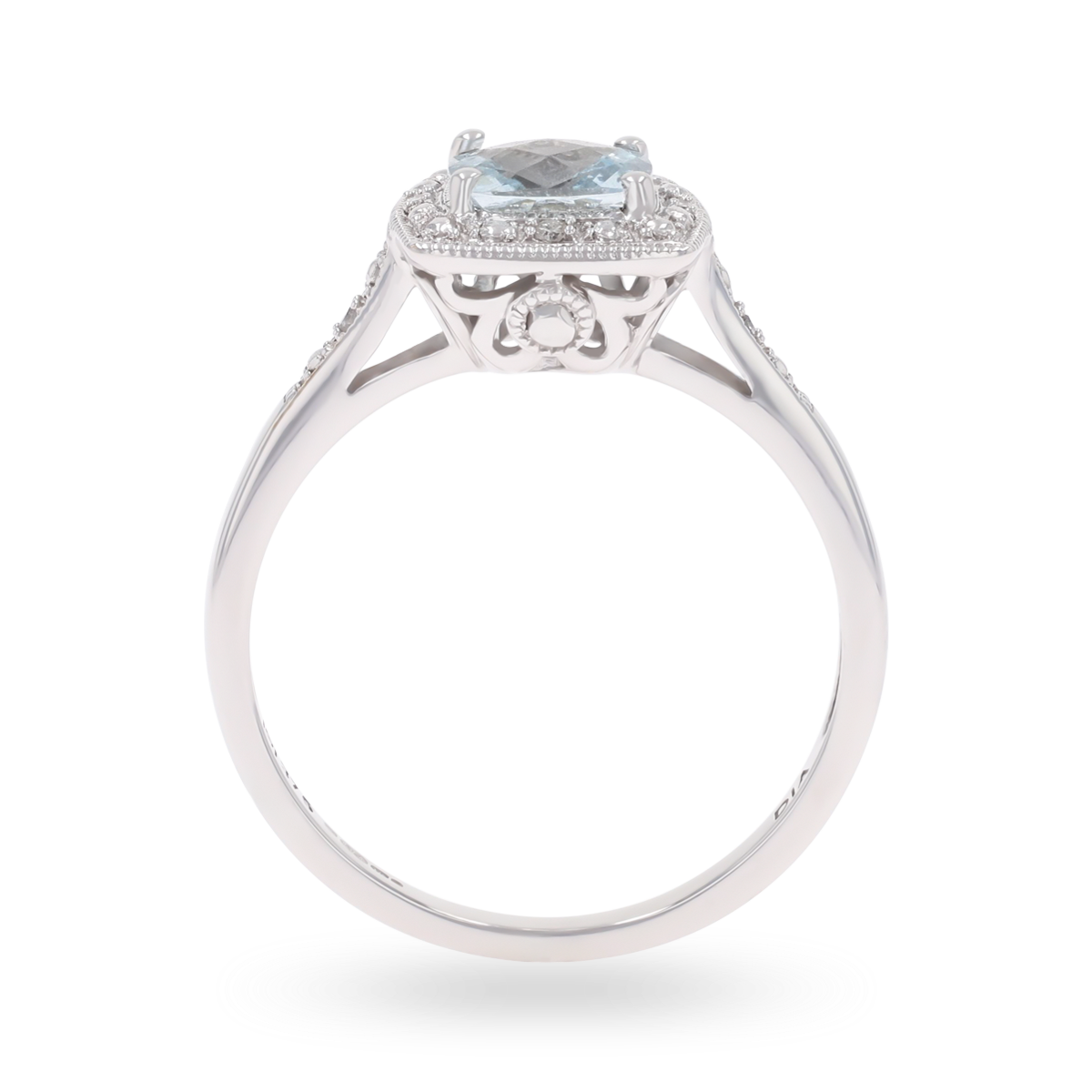 9ct White Gold Cushion Shaped Aquamarine & Diamond Halo Ring