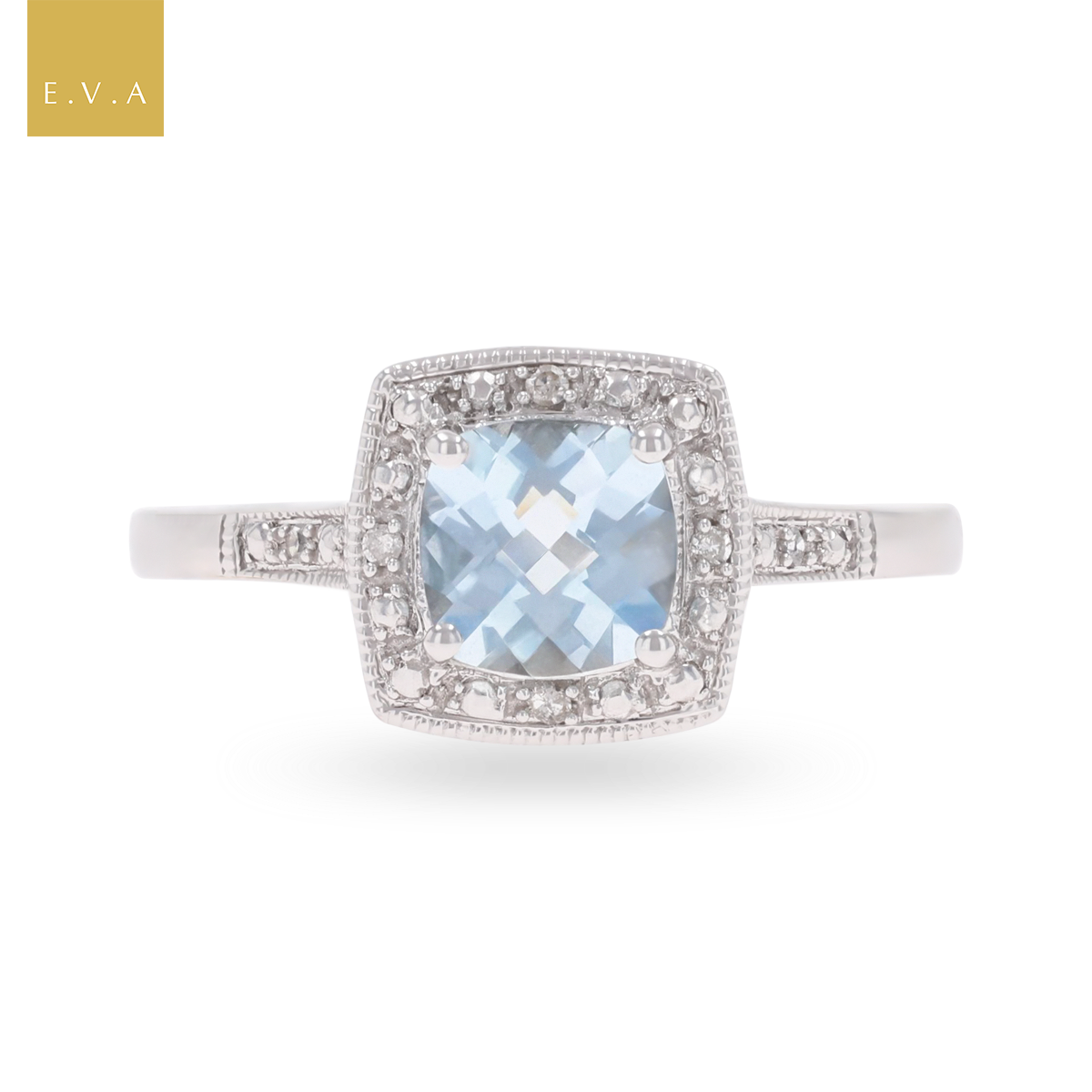 9ct White Gold Cushion Shaped Aquamarine & Diamond Halo Ring