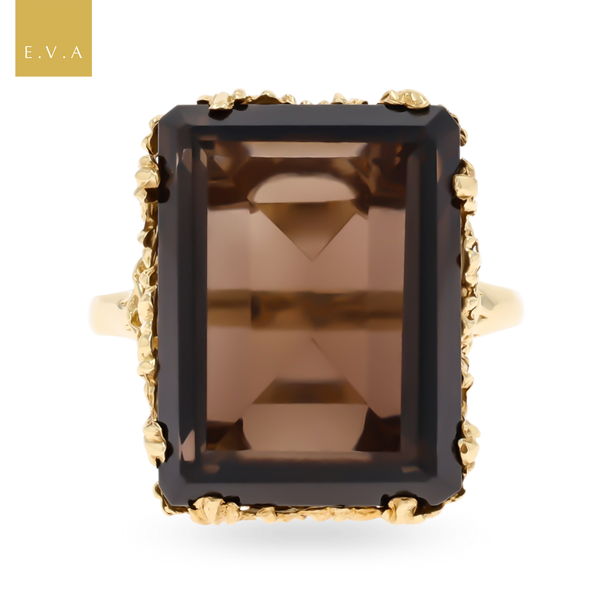 9ct Yellow Gold Emerald Cut Smokey Quartz Leaf Cocktail Ring