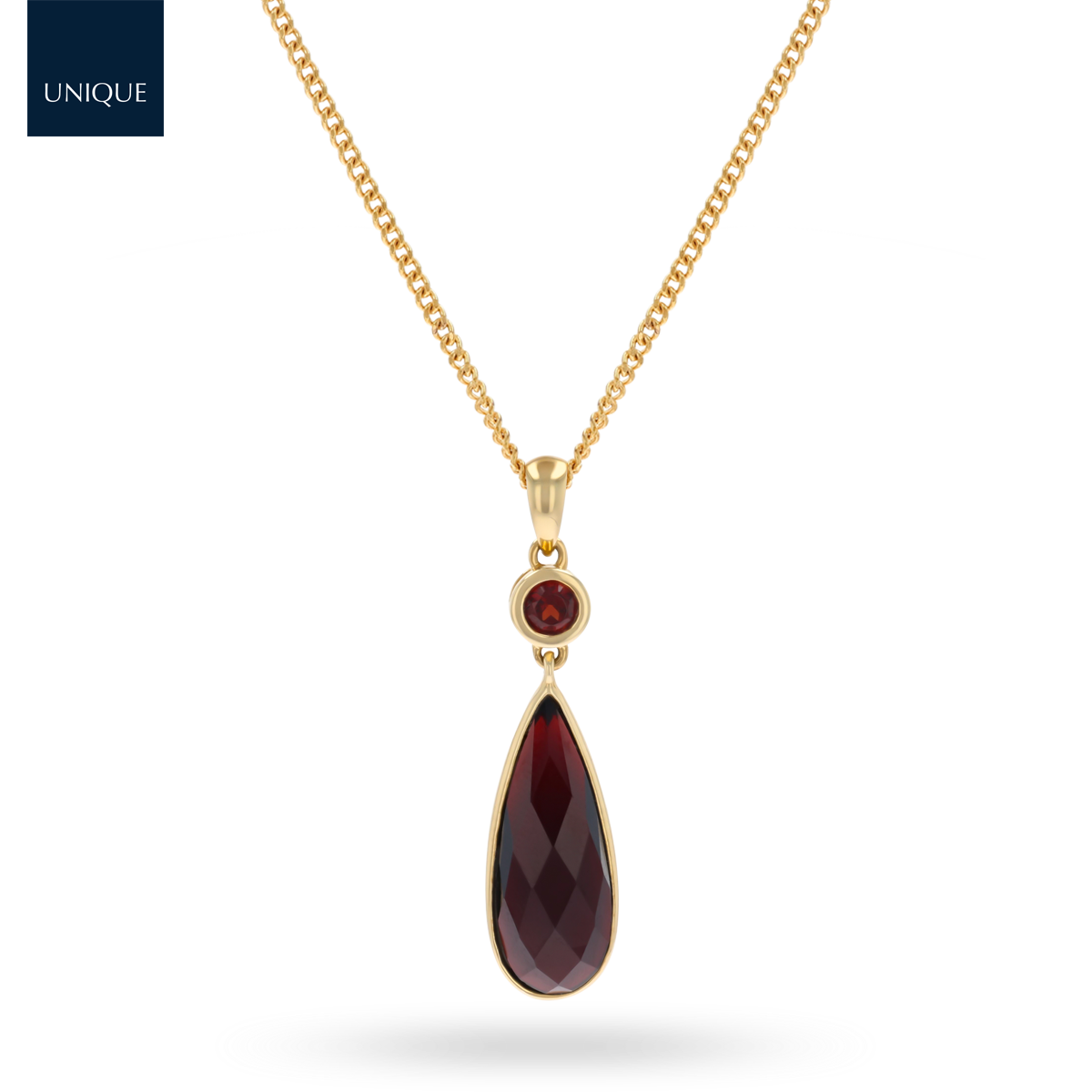 9ct Yellow Gold Garnet Teardrop Pendant & Chain