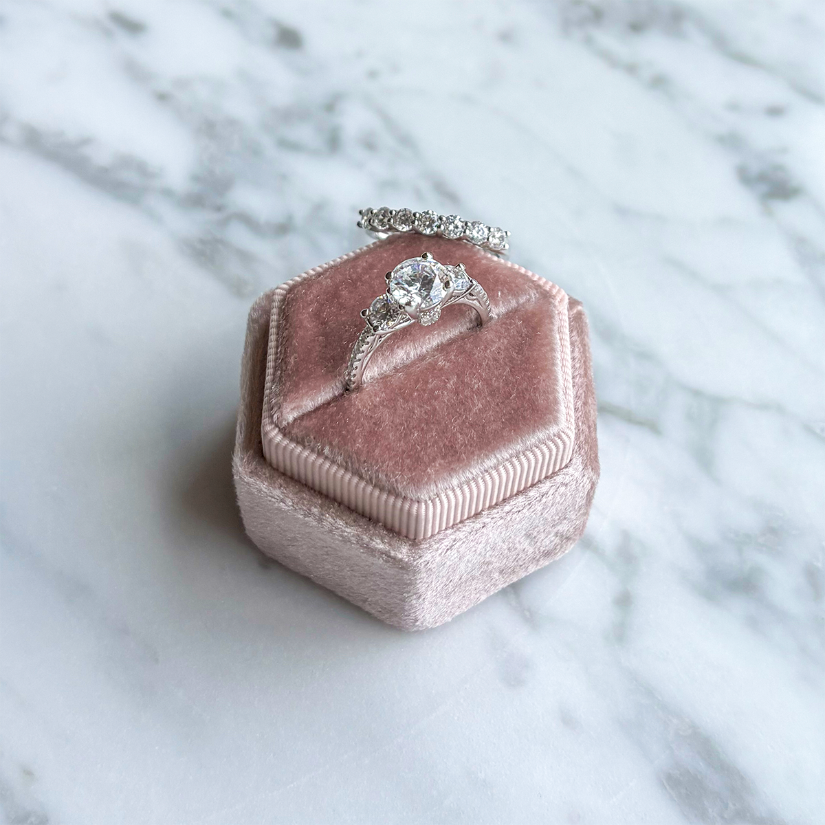 Sterling Silver Cubic Zirconia Seven Stone Ring & Sterling Silver Round Shaped Cubic Zirconia Trilogy Ring