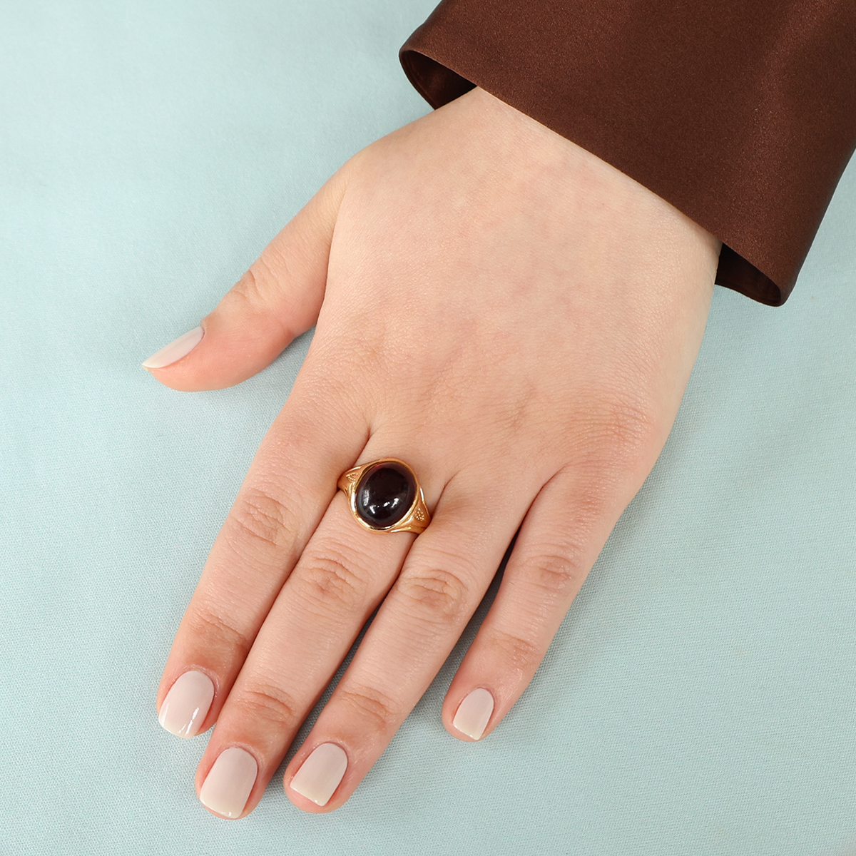 Model wears 18ct Yellow Gold Antique Cabochon Garnet Victorian Signet Ring