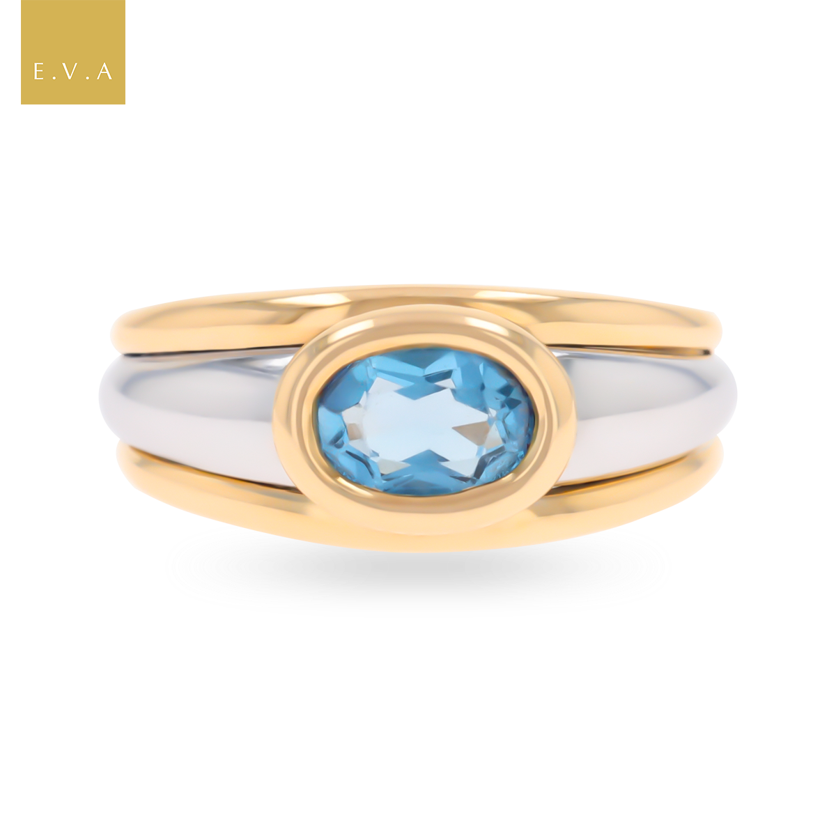 9ct Two Colour Gold Oval Shaped Blue Topaz Signet Ring