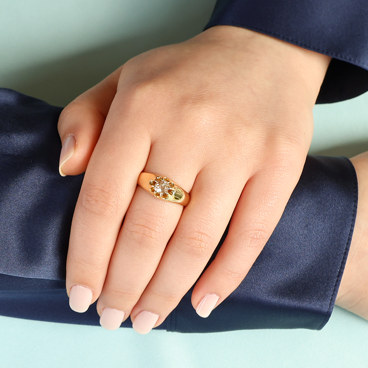 Model wears 18ct Yellow Gold Old Mine Cut Diamond Set Gypsy Ring